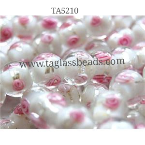 glass lampwork beads with silver foil, round, pink flower, white, 12mm dia