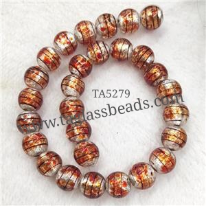 Larmwork Glass Beads With Silver Foil Round Line Orange, approx 12mm dia